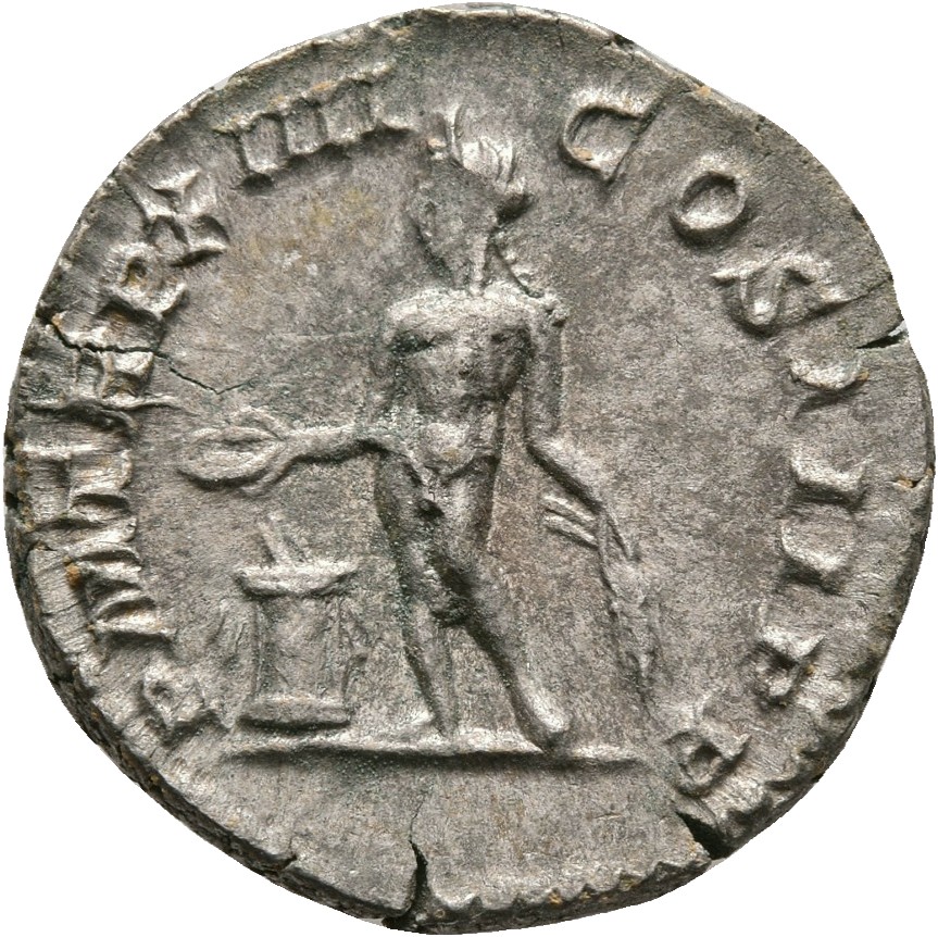 RIC IV Septimius Severus 201 Septimius Severus reverse, Genius, naked, standing left, sacrificing out of patera in right h...