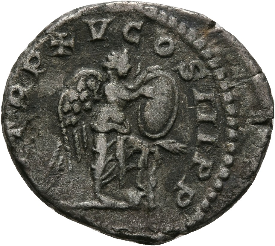 RIC IV Septimius Severus 211 Septimius Severus reverse, Victory, winged, naked to waist, standing right, left foot set on ...