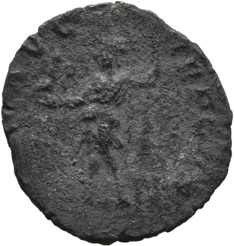 Septimius Severus reverse — Virtus, helmeted, draped, standing left, holding Victory in extended right hand and spear, reversed, in left hand