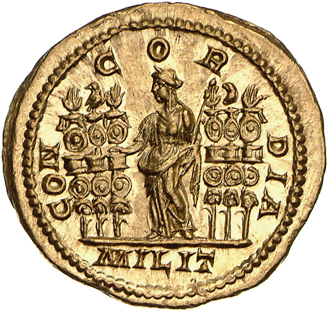 RIC IV Septimius Severus 256 Septimius Severus reverse, Concordia, draped, standing between six standards, holding nearest...
