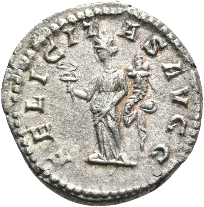 RIC IV Septimius Severus 261 Septimius Severus reverse, Felicitas, draped, standing left, holding caduceus in right hand a...