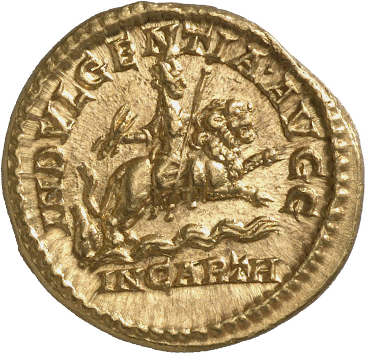 RIC IV Septimius Severus 266 (aureus) Septimius Severus reverse, Dea Caelestis, draped, riding right on lion, holding thun...