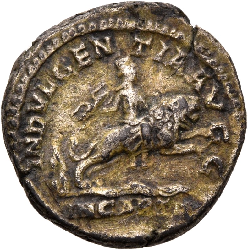 RIC IV Septimius Severus 267B Septimius Severus reverse, Dae Caelestis, draped, riding right on lion, holding thunderbolt ...