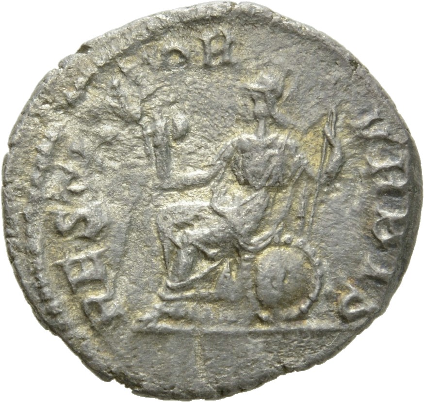 RIC IV Septimius Severus 288 (denarius) Septimius Severus reverse, Roma, helmeted, draped, seated left on shield, holding ...