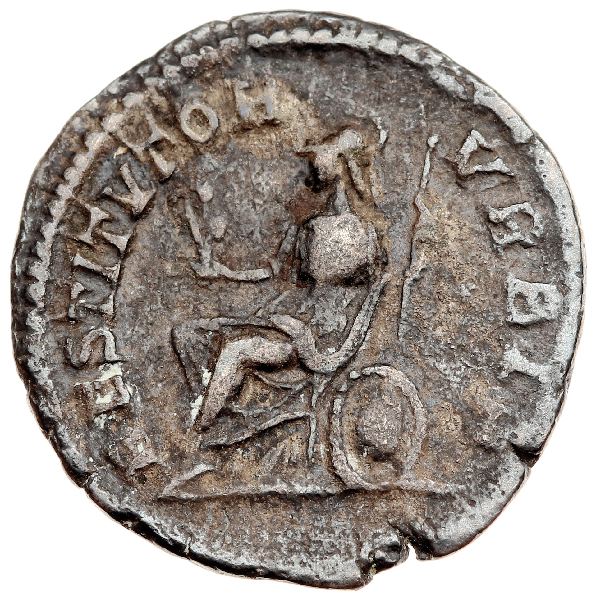 RIC IV Septimius Severus 288 (denarius) Septimius Severus reverse, Roma, helmeted, draped, seated left on shield, holding ...