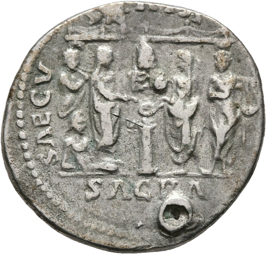 RIC IV Septimius Severus 293A Septimius Severus reverse, Septimius Severus, veiled, togate, standing left, sacrificing out...