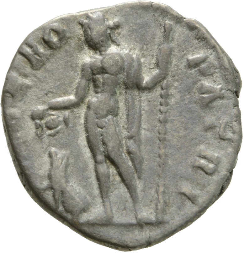 RIC IV Septimius Severus 32 Septimius Severus reverse, Bacchus (Liber), wreathed, naked except for cloak over left arm, em...