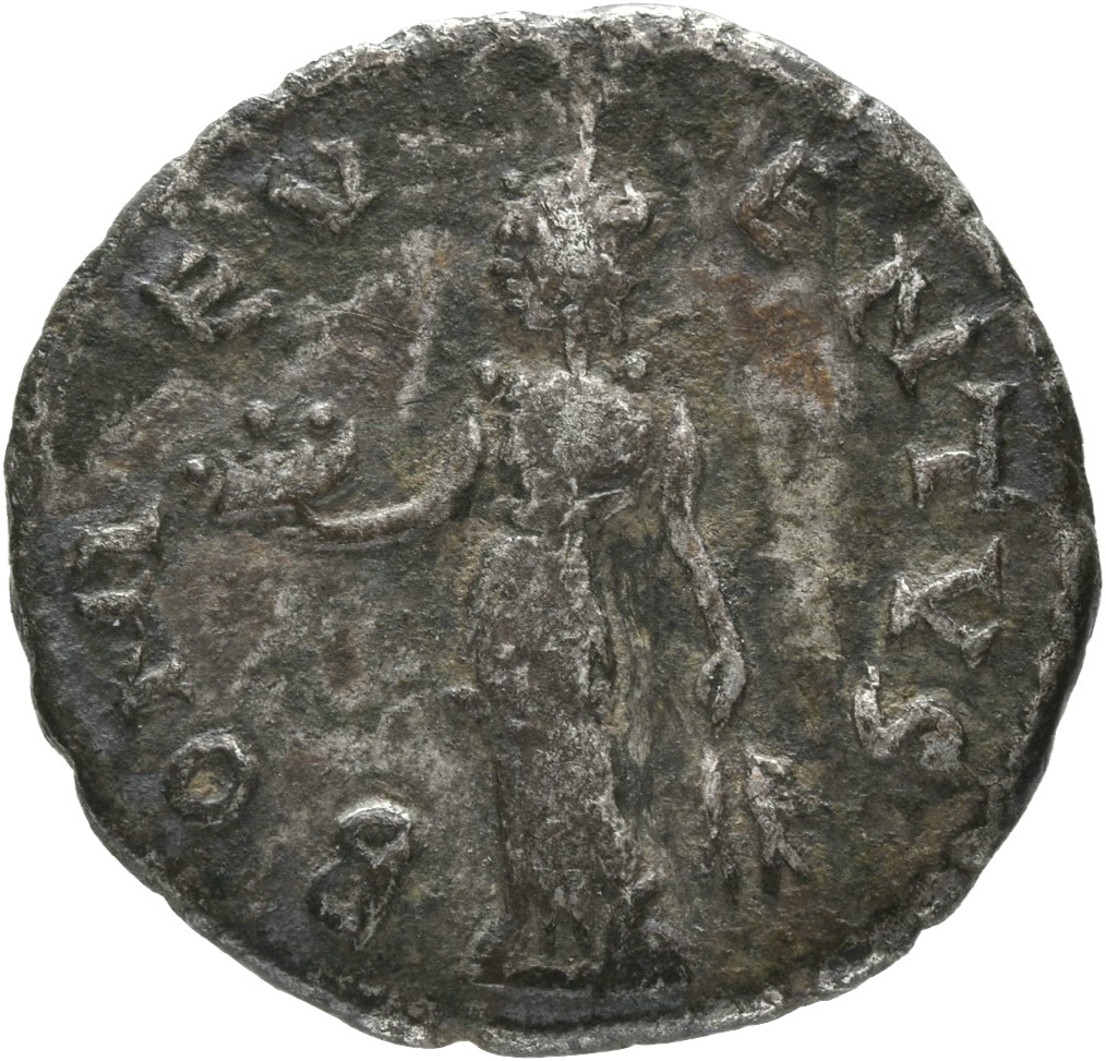Septimius Severus reverse — Bonus Eventus, draped, standing left, holding up basket of fruit in right hand and two corn-ears in left hand