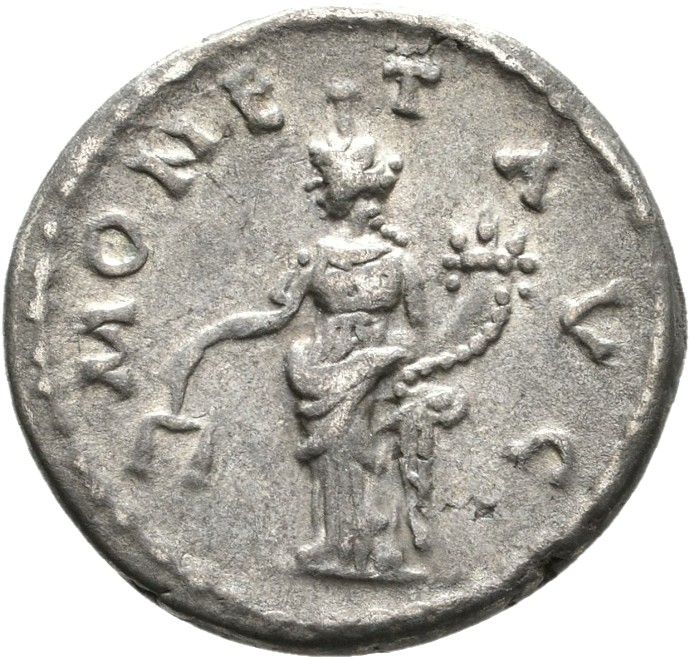 RIC IV Septimius Severus 411A Septimius Severus reverse, Moneta, draped, standing left, holding scales in extended right h...