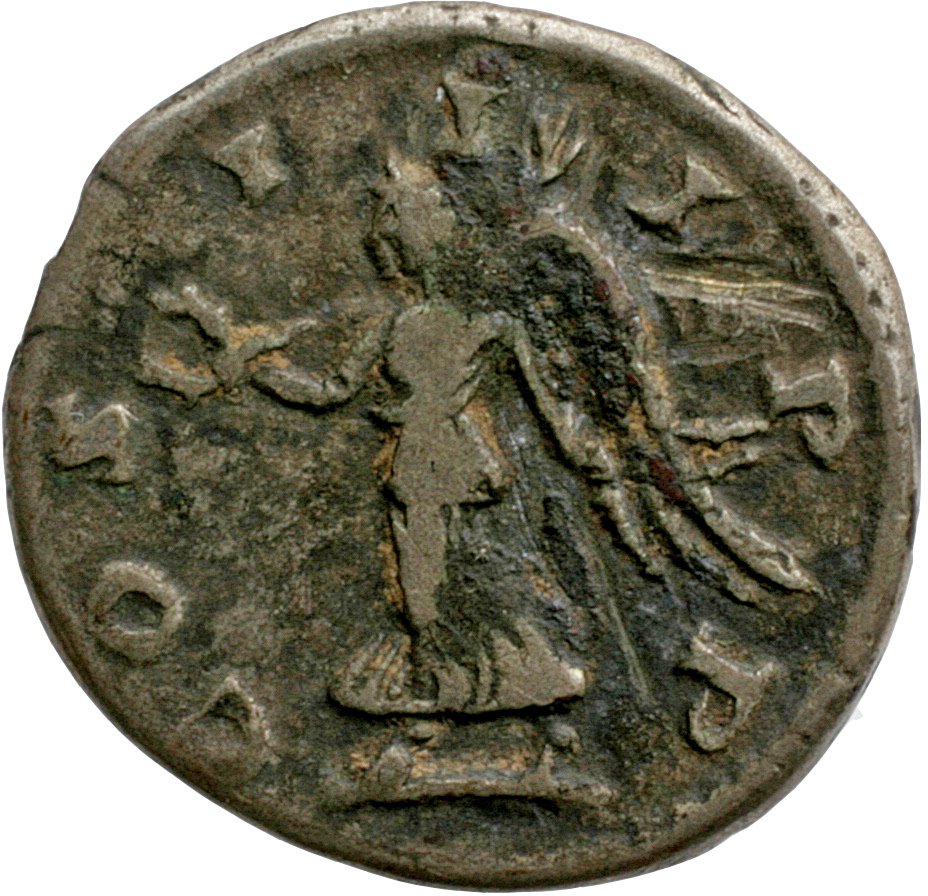 Septimius Severus reverse — Victory, winged, draped, advancing left, holding wreath in extended right hand and palm sloped over left shoulder in left hand