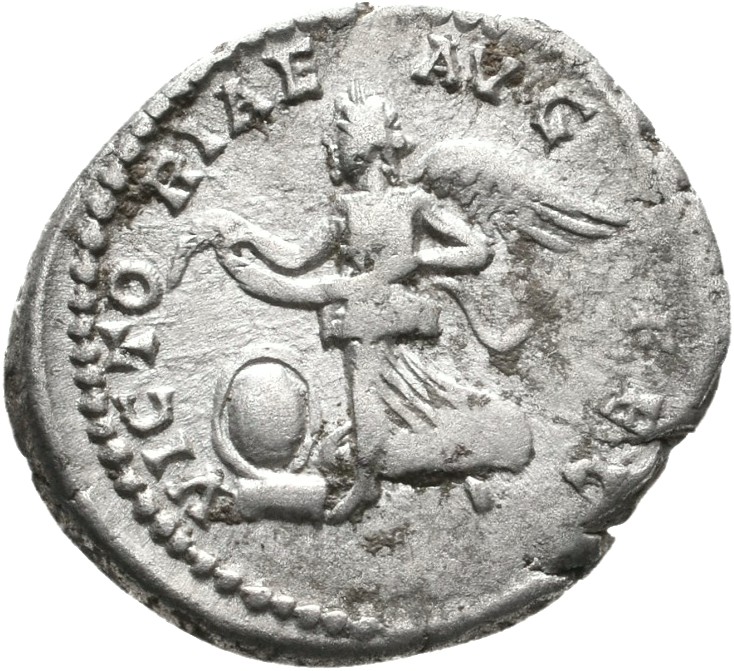 RIC IV Septimius Severus 516 Septimius Severus reverse, Victory, winged, draped, flying left, holding wreath in both hands...