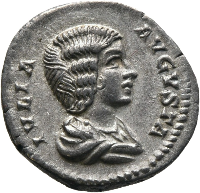RIC IV Septimius Severus 546 Septimius Severus obverse, Bust of Julia Domna, hair waved and coiled at back, draped, right