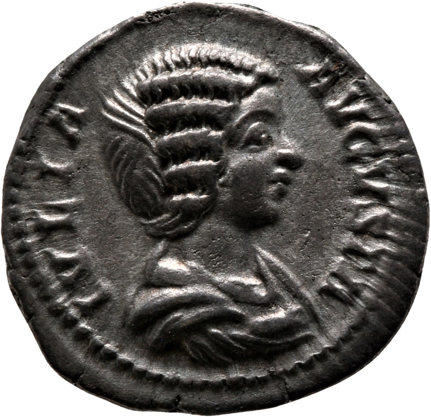 RIC IV Septimius Severus 546 Septimius Severus obverse, Bust of Julia Domna, hair waved and coiled at back, draped, right