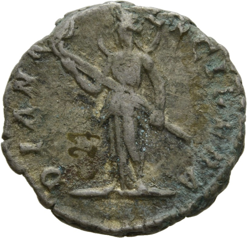 RIC IV Septimius Severus 548 (denarius) Septimius Severus reverse, Diana, crescent on neck, draped, standing left, holding...