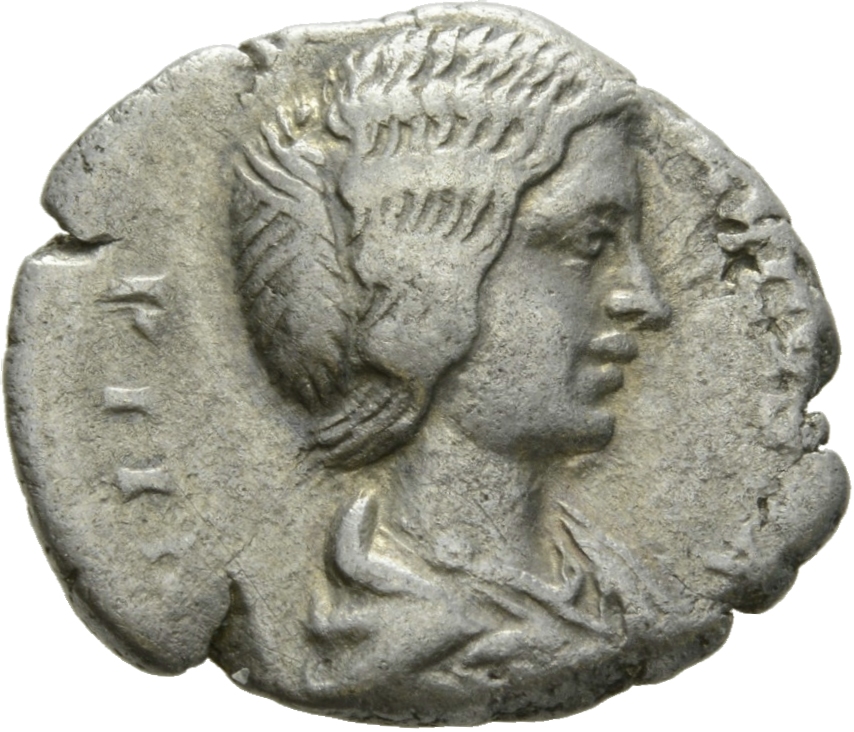 RIC IV Septimius Severus 548 (denarius) Septimius Severus obverse, Bust of Julia Domna, hair waved and coiled at back, dra...