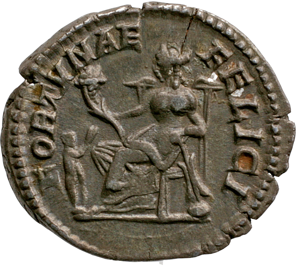 RIC IV Septimius Severus 554 (denarius) Septimius Severus reverse, Fortuna, draped, seated left on low seat, holding cornu...