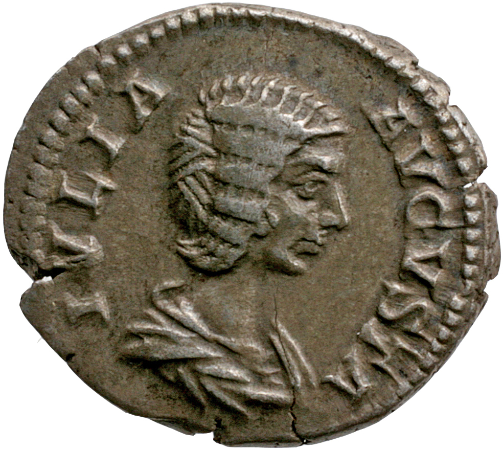 RIC IV Septimius Severus 554 (denarius) Septimius Severus obverse, Bust of Julia Domna, hair waved and coiled at back, dra...