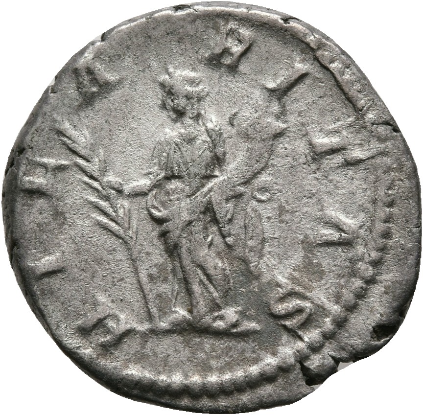 RIC IV Septimius Severus 556 (denarius) Septimius Severus reverse, Hilaritas, draped, standing left, holding long palm in ...