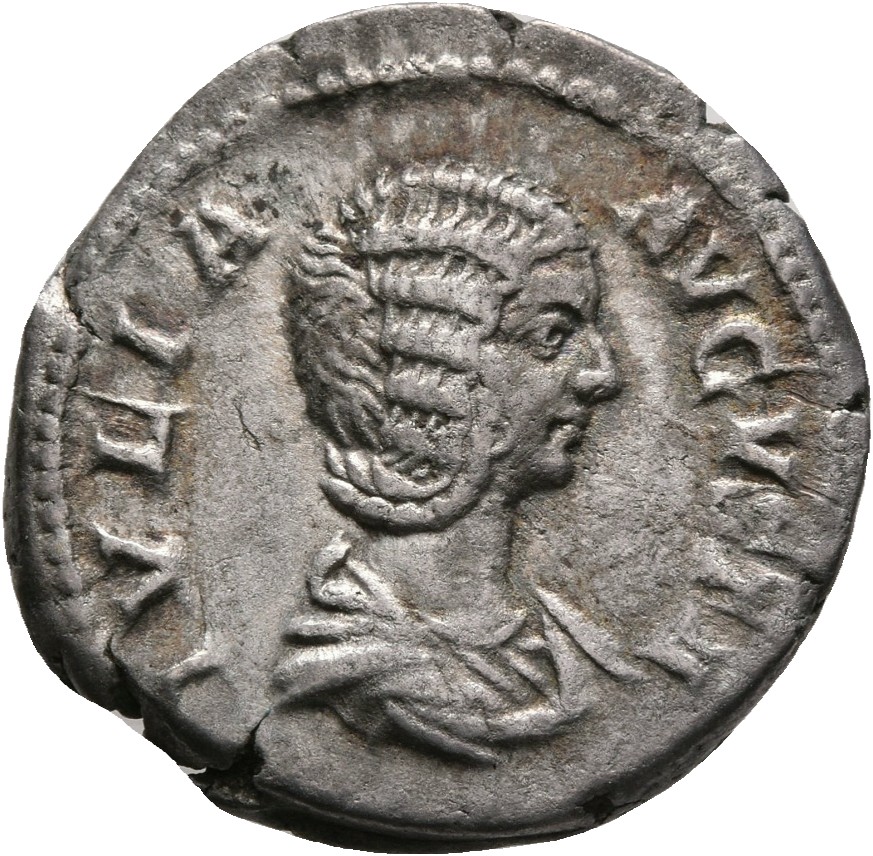 RIC IV Septimius Severus 556 (denarius) Septimius Severus obverse, Bust of Julia Domna, hair waved and coiled at back, dra...
