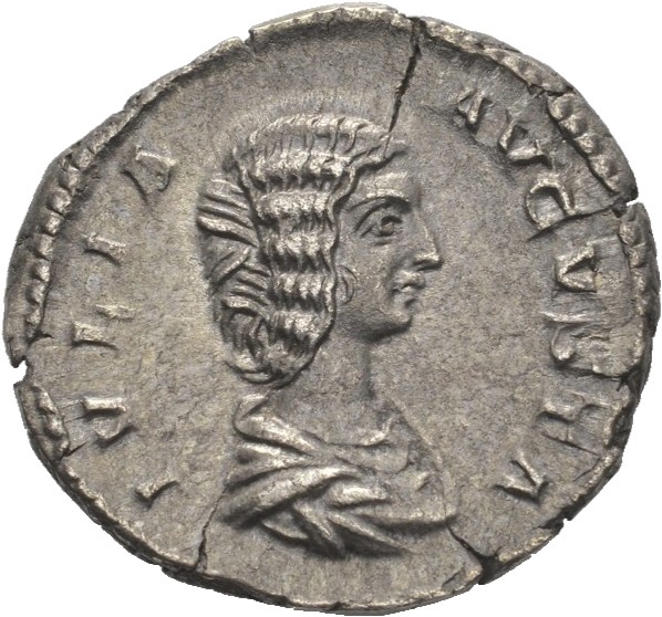 RIC IV Septimius Severus 557 Septimius Severus obverse, Bust of Julia Domna, hair waved and coiled at back, draped, right