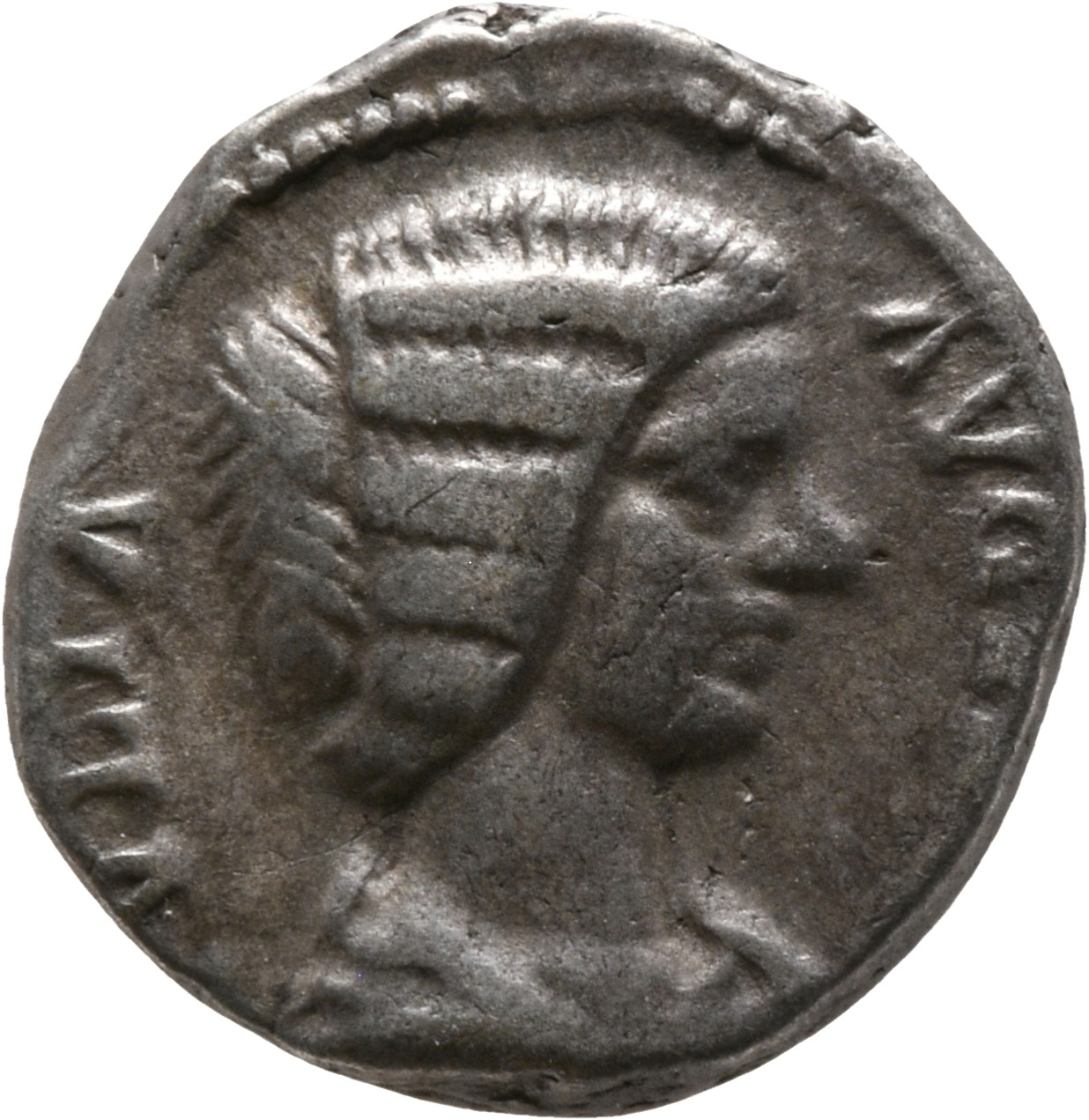 RIC IV Septimius Severus 560 (denarius) Septimius Severus obverse, Bust of Julia Domna, hair waved and coiled at back, dra...