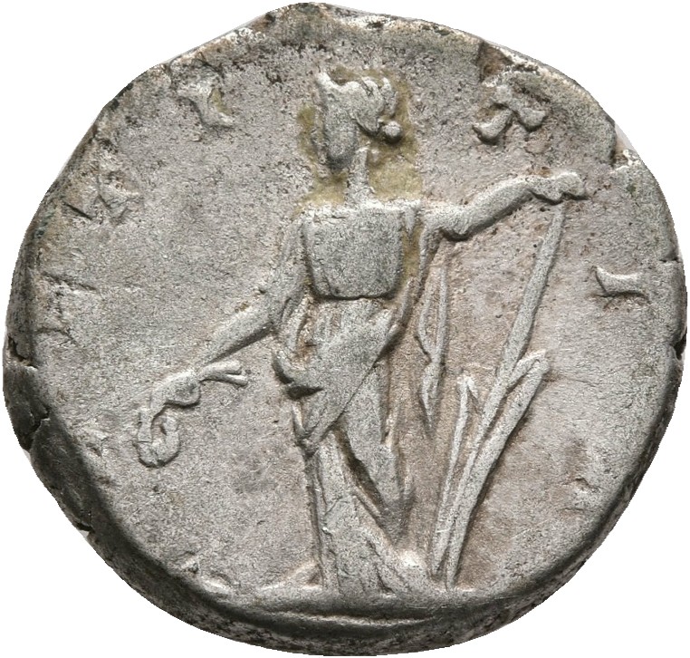 RIC IV Septimius Severus 561 (denarius) Septimius Severus reverse, Laetitia, draped, standing left, holding wreath in exte...