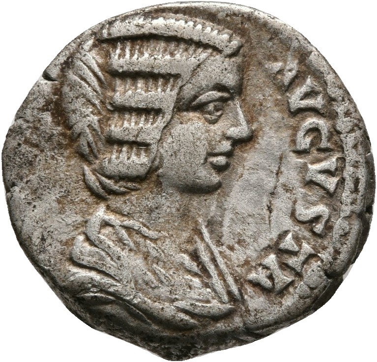 RIC IV Septimius Severus 561 (denarius) Septimius Severus obverse, Bust of Julia Domna, hair waved and coiled at back, dra...