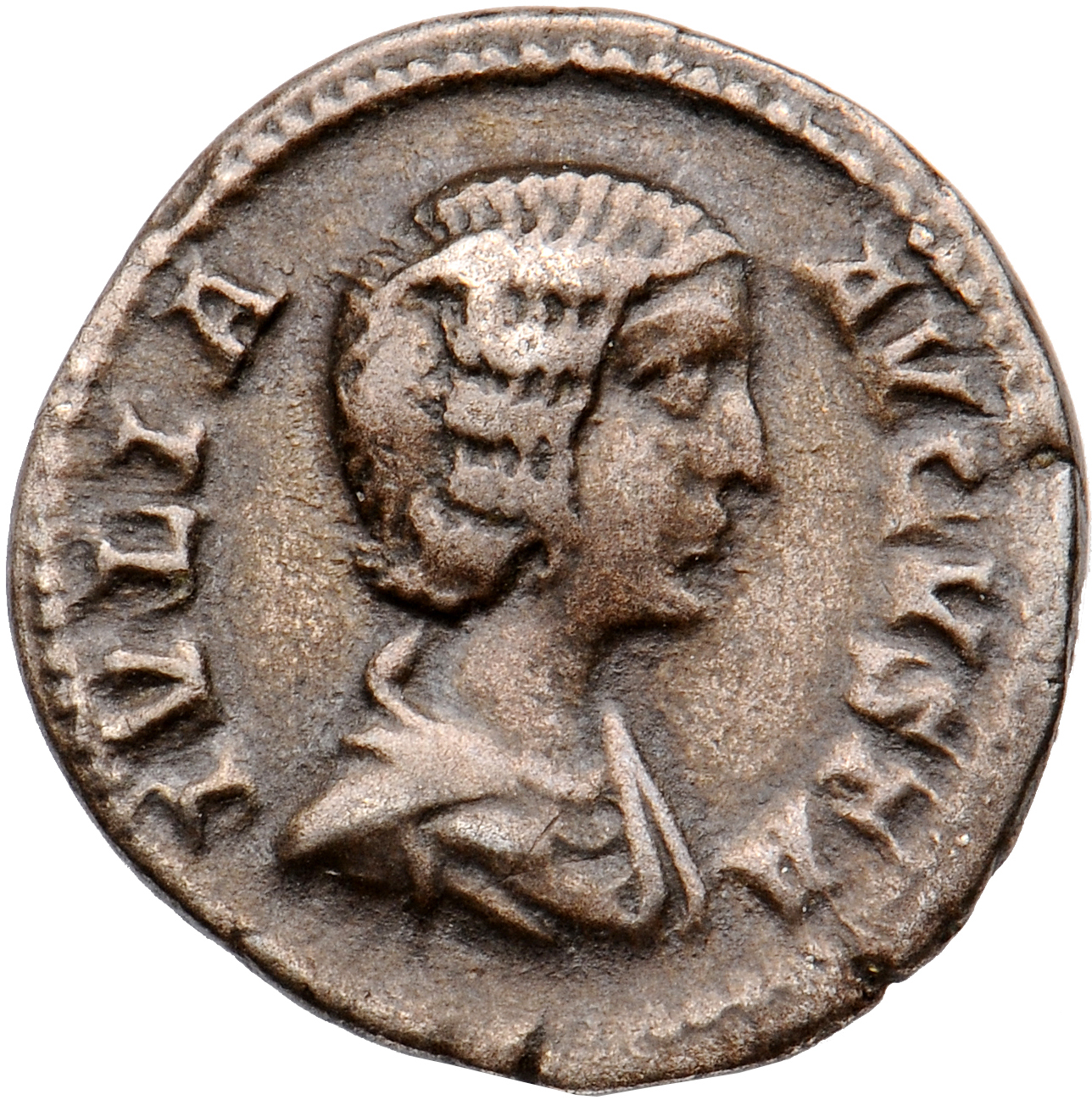 RIC IV Septimius Severus 562 (denarius) Septimius Severus obverse, Bust of Julia Domna, hair waved and coiled at back, dra...