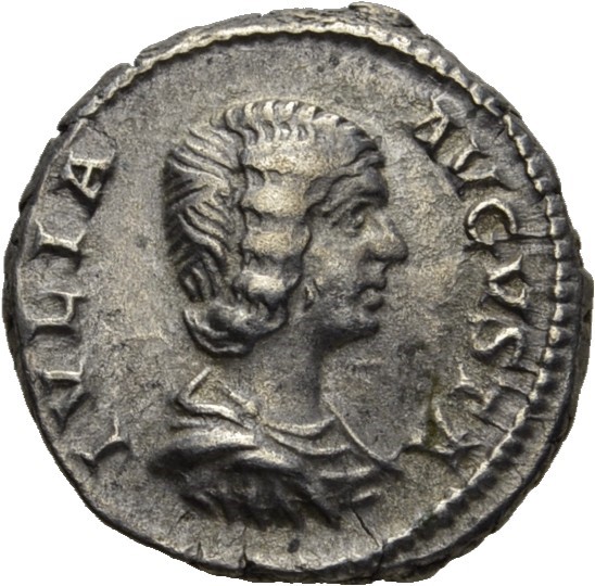 RIC IV Septimius Severus 562 (denarius) Septimius Severus obverse, Bust of Julia Domna, hair waved and coiled at back, dra...