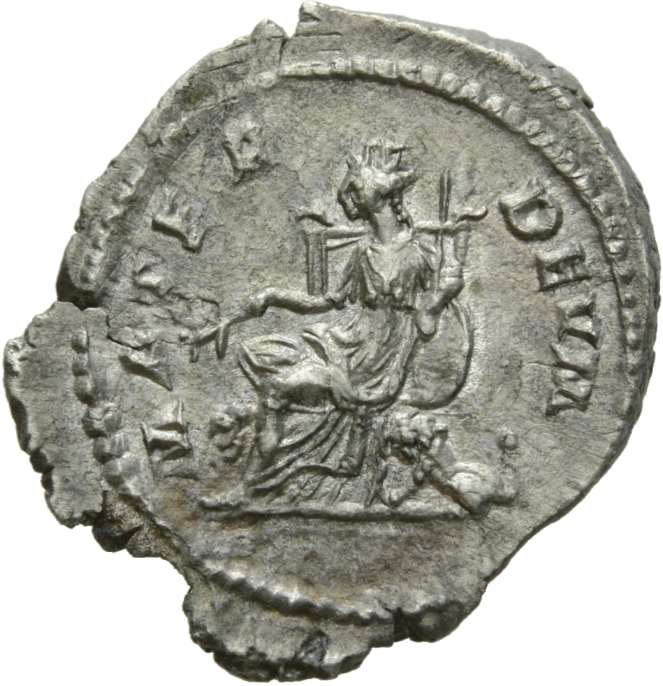 RIC IV Septimius Severus 564 (denarius) Septimius Severus reverse, Cybele, towered, draped, seated left on throne, holding...