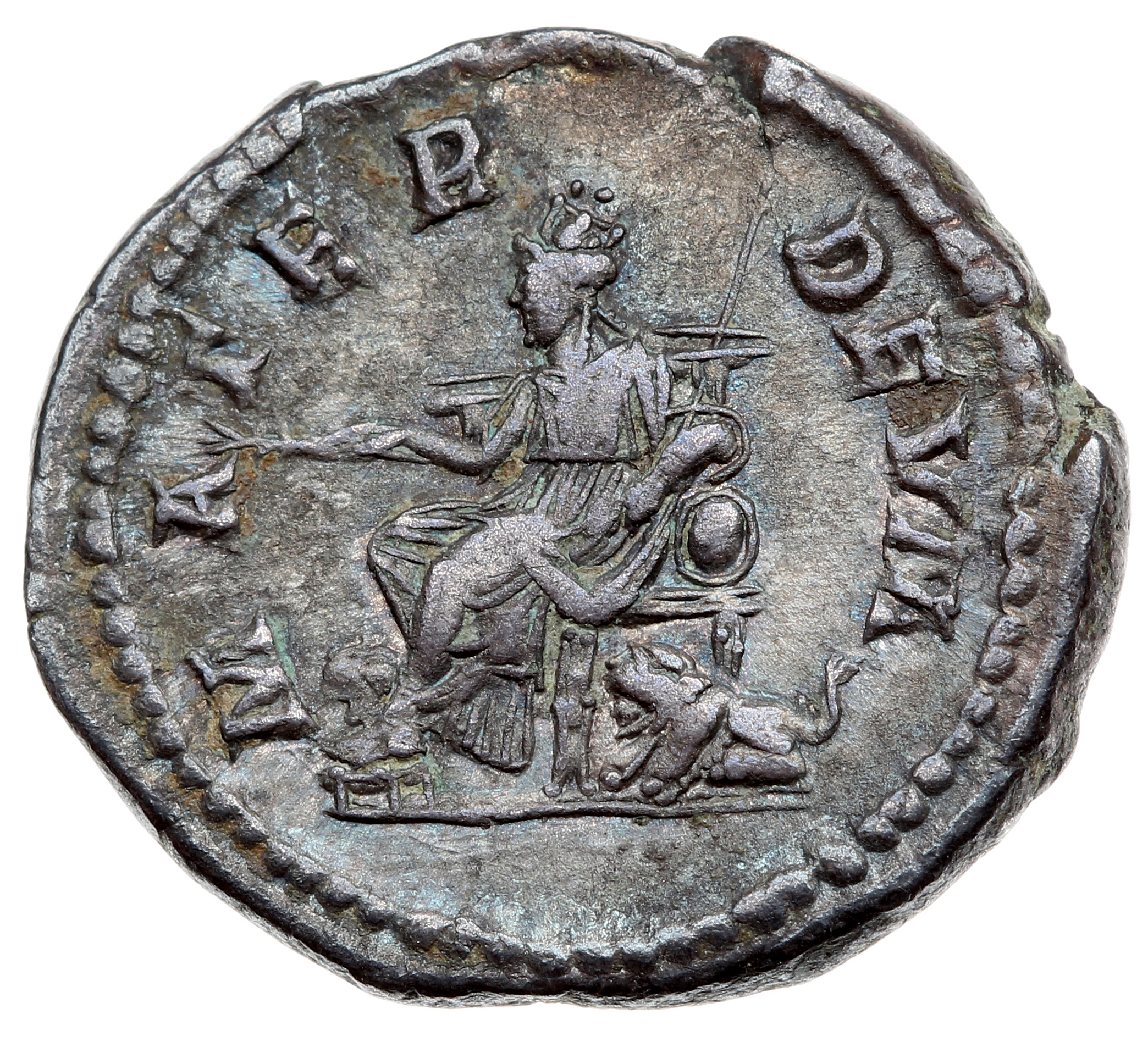 RIC IV Septimius Severus 564 (denarius) Septimius Severus reverse, Cybele, towered, draped, seated left on throne, holding...