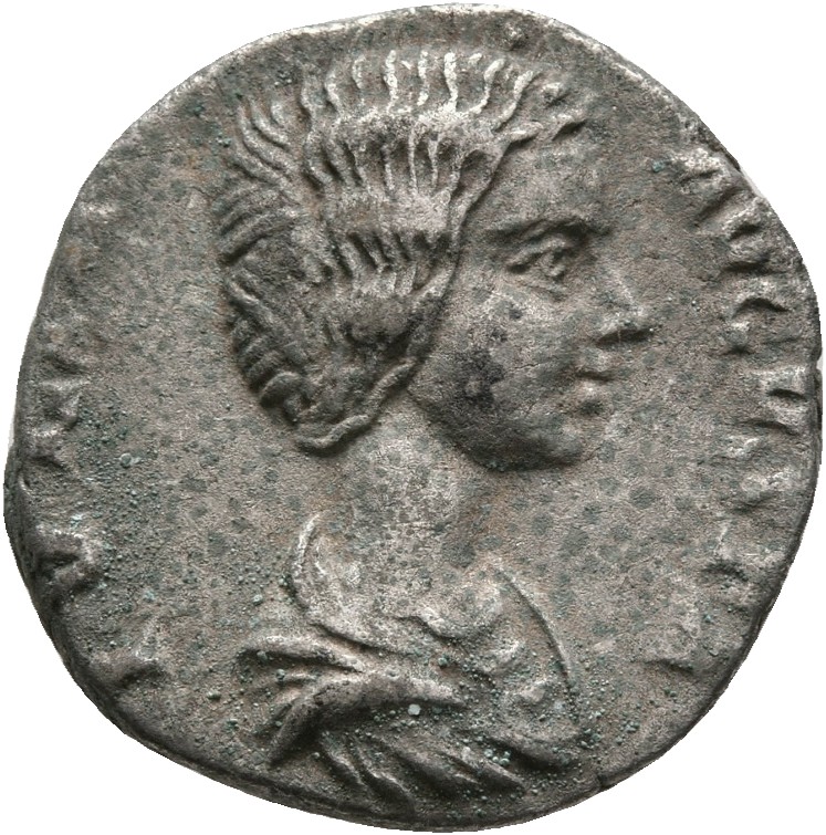 RIC IV Septimius Severus 567 (denarius) Septimius Severus obverse, Bust of Julia Domna, hair waved and coiled at back, dra...