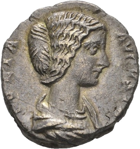 RIC IV Septimius Severus 567 (denarius) Septimius Severus obverse, Bust of Julia Domna, hair waved and coiled at back, dra...