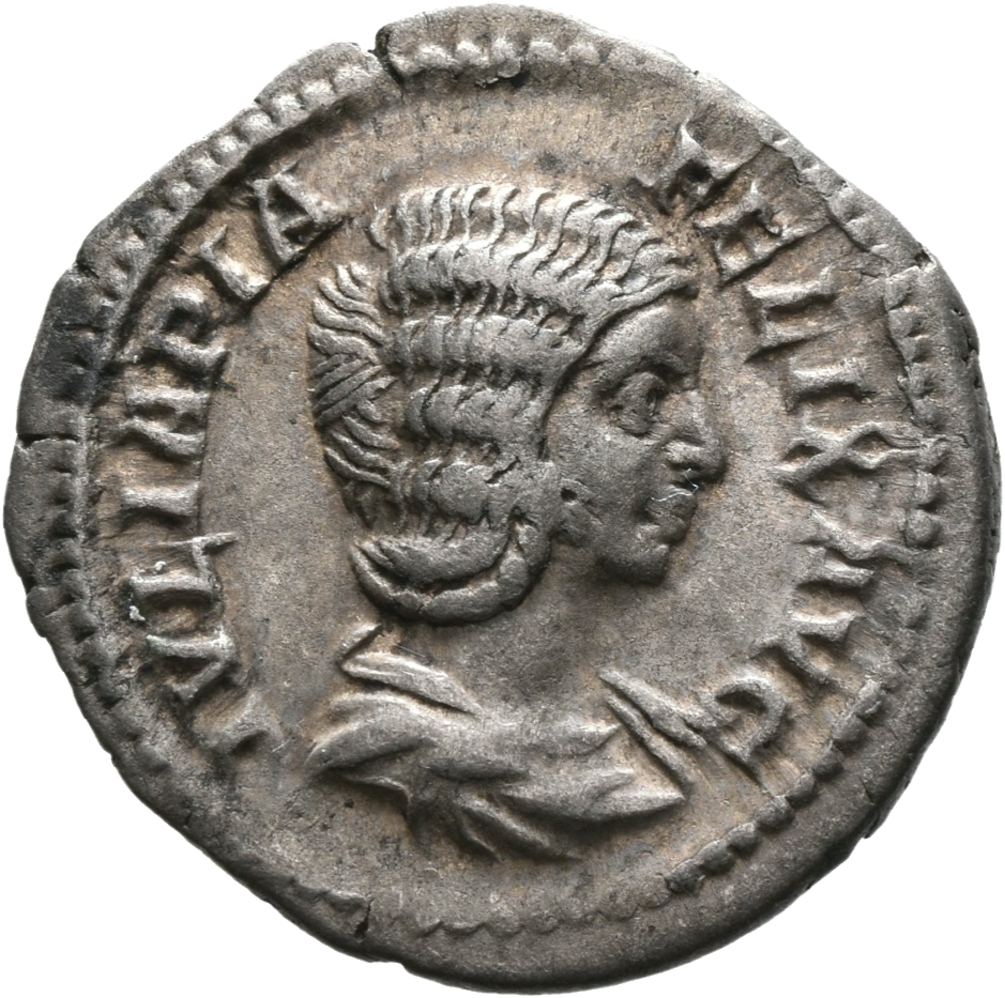 RIC IV Septimius Severus 570 Septimius Severus obverse, Bust of Julia Domna, hair waved and coiled at back, draped, right
