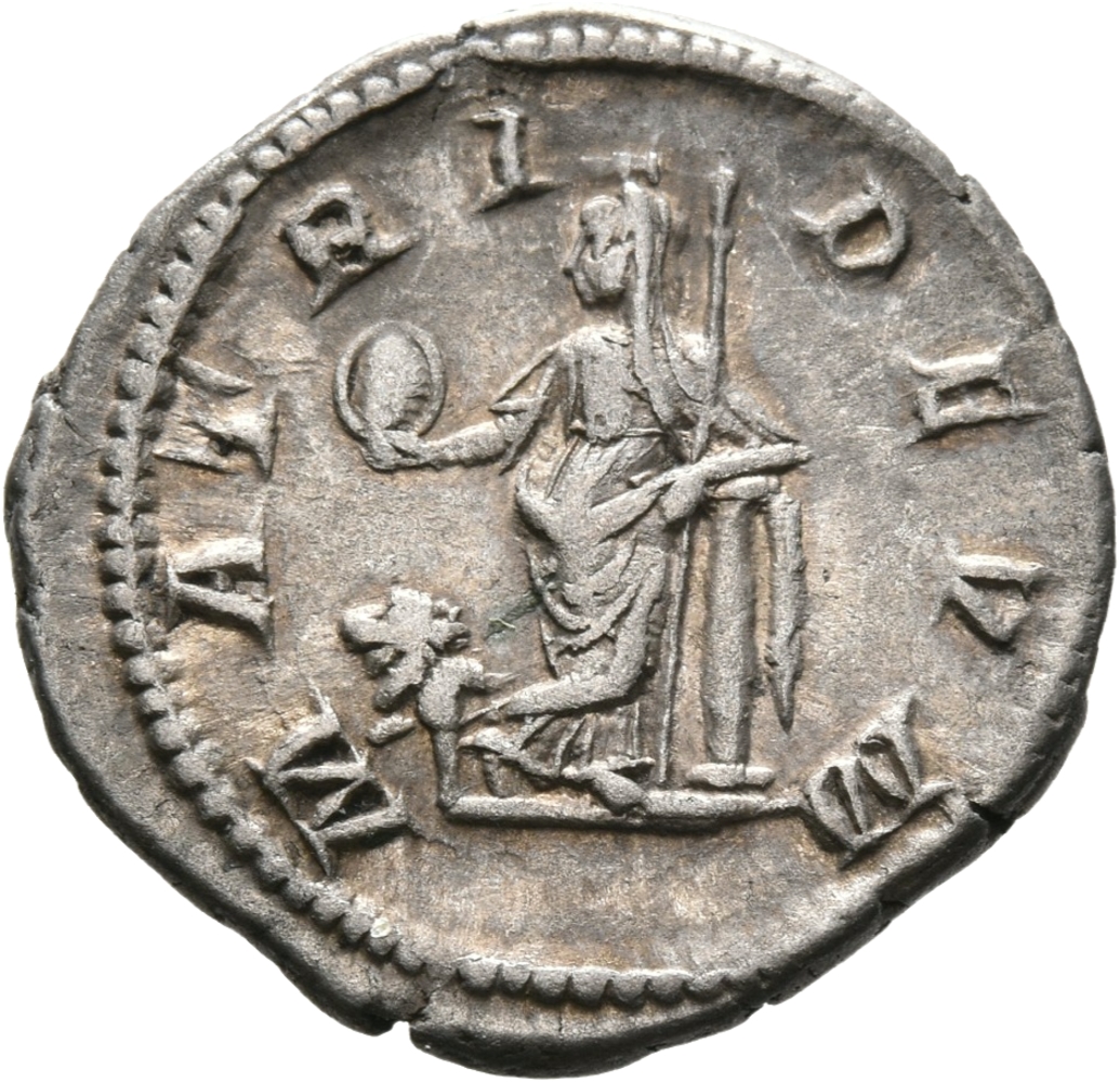 RIC IV Septimius Severus 570 Septimius Severus reverse, Cybele, towered, draped, standing front, head left, holding drum i...