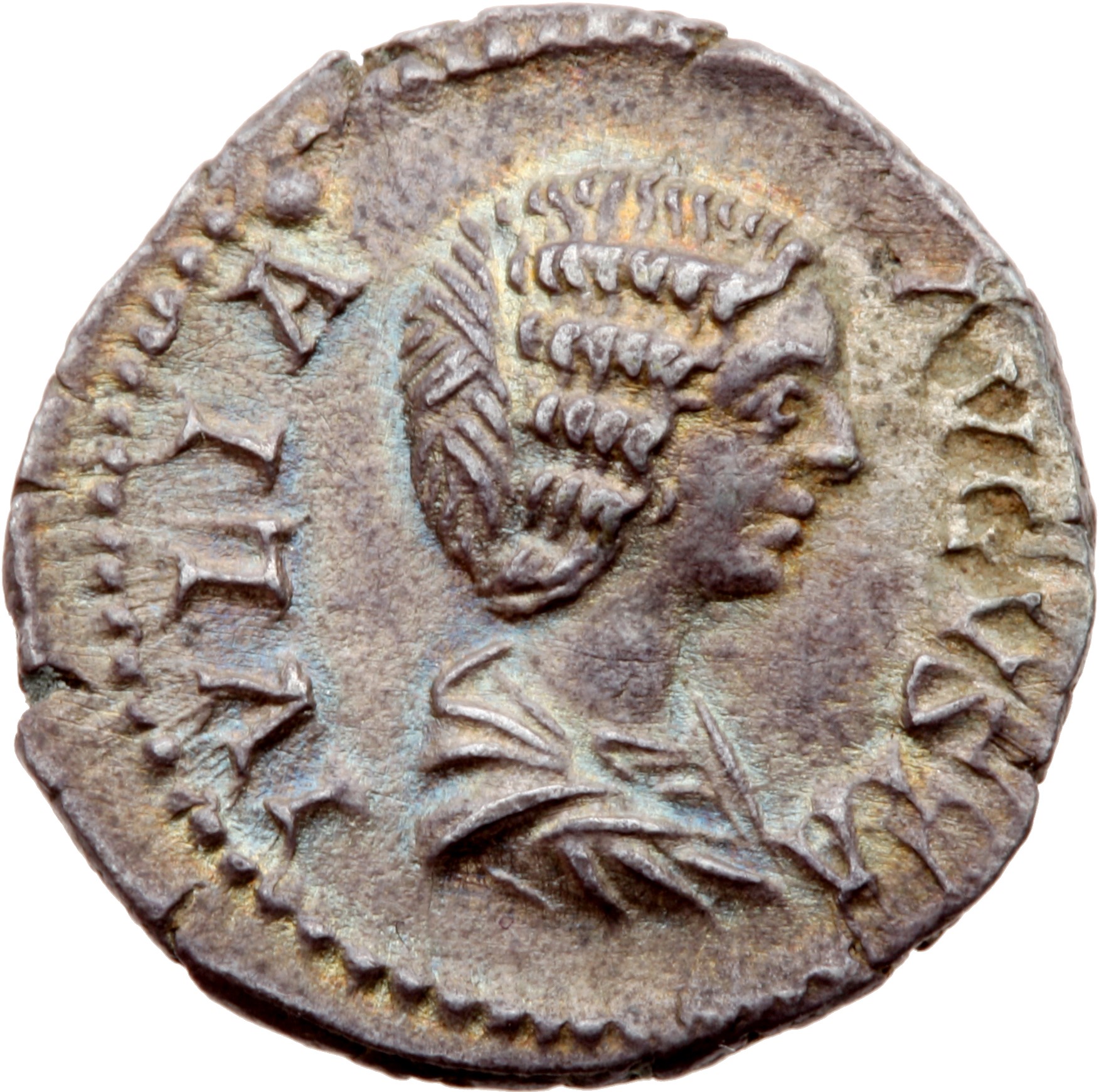 RIC IV Septimius Severus 572 (denarius) Septimius Severus obverse, Bust of Julia Domna, hair waved and coiled at back, dra...