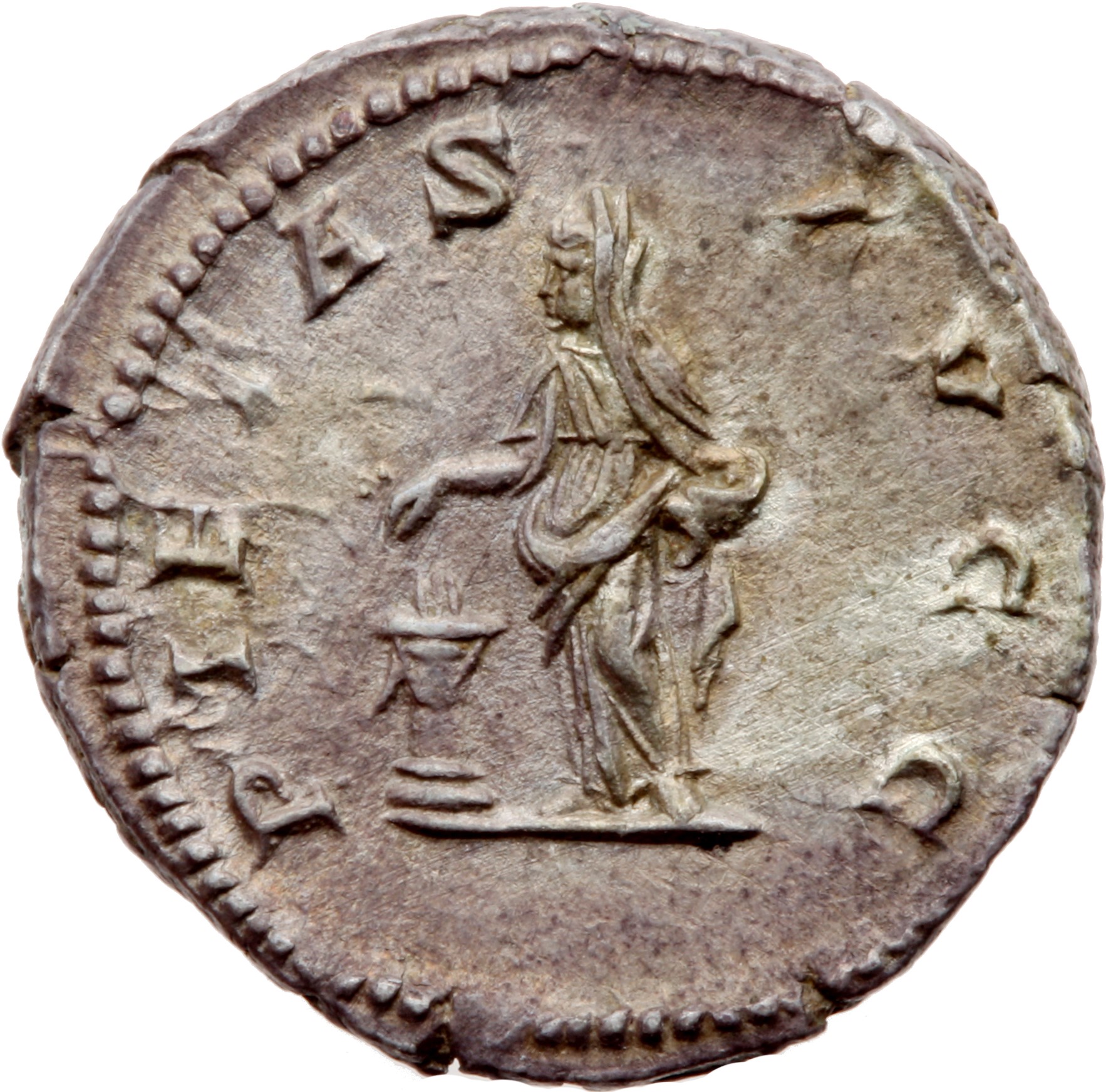 RIC IV Septimius Severus 572 (denarius) Septimius Severus reverse, Pietas, veiled, draped, standing left, dropping incense...