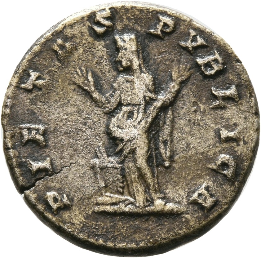 RIC IV Septimius Severus 574 Septimius Severus reverse, Pietas, veiled, draped, standing front, head left, at altar, raisi...