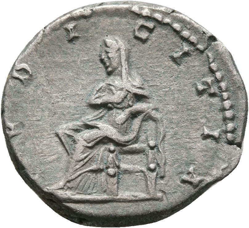 RIC IV Septimius Severus 576 (denarius) Septimius Severus reverse, Pudicitia, veiled, draped, seated left, resting right h...