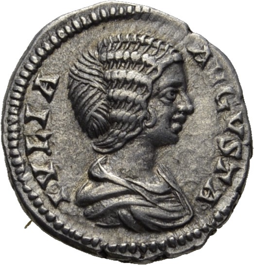RIC IV Septimius Severus 577 (denarius) Septimius Severus obverse, Bust of Julia Domna, hair waved and coiled at back, dra...