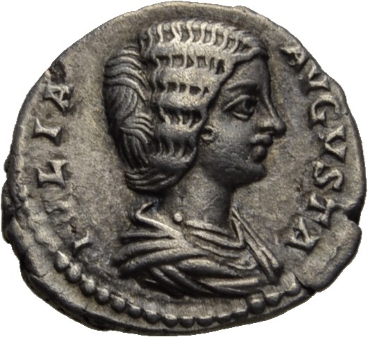 RIC IV Septimius Severus 578 (denarius) Septimius Severus obverse, Bust of Julia Domna, hair waved and coiled at back, dra...