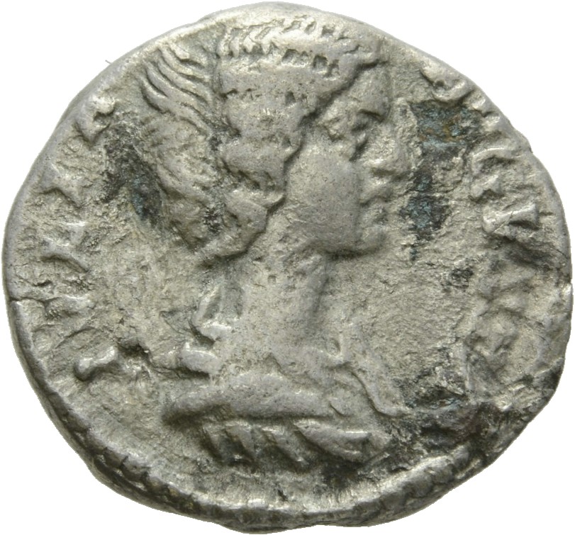 RIC IV Septimius Severus 580 Septimius Severus obverse, Bust of Julia Domna, hair waved and coiled at back, draped, right