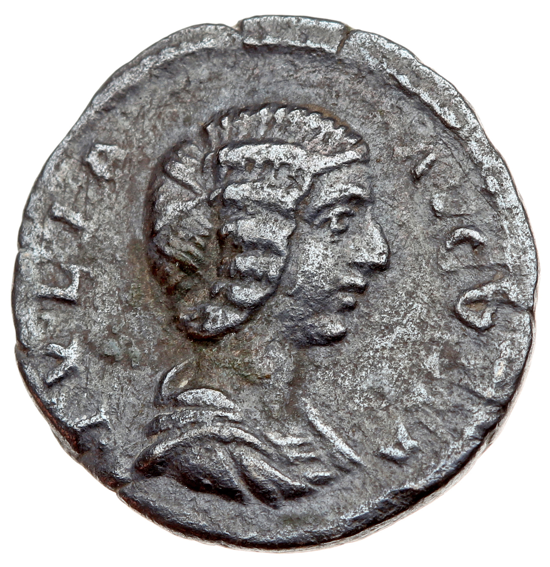 RIC IV Septimius Severus 581 (denarius) Septimius Severus obverse, Bust of Julia Domna, hair waved and coiled at back, dra...