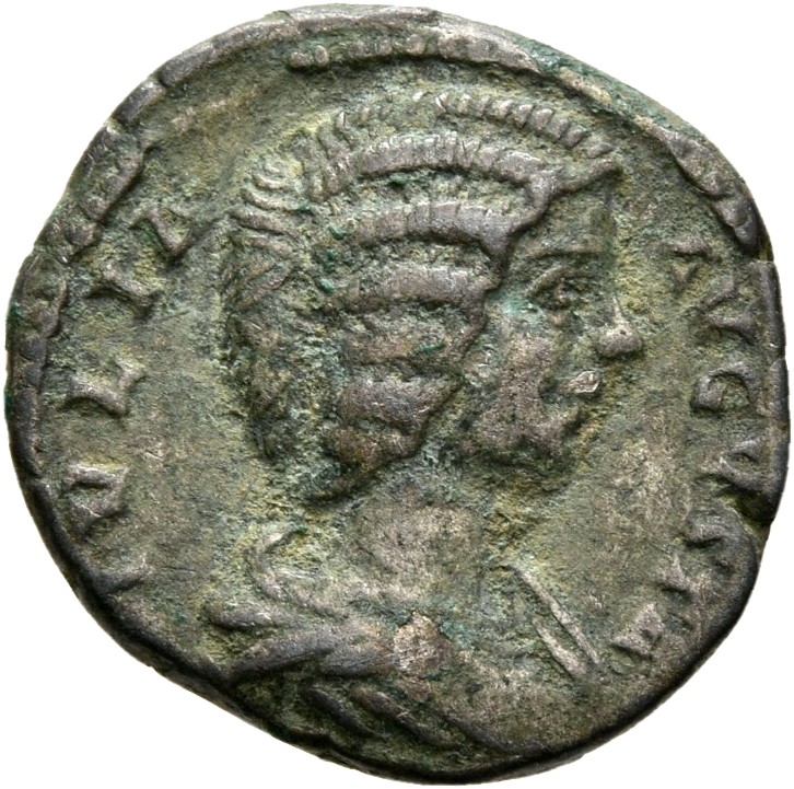 RIC IV Septimius Severus 587 Septimius Severus obverse, Bust of Julia Domna, hair waved and coiled at back, draped, right