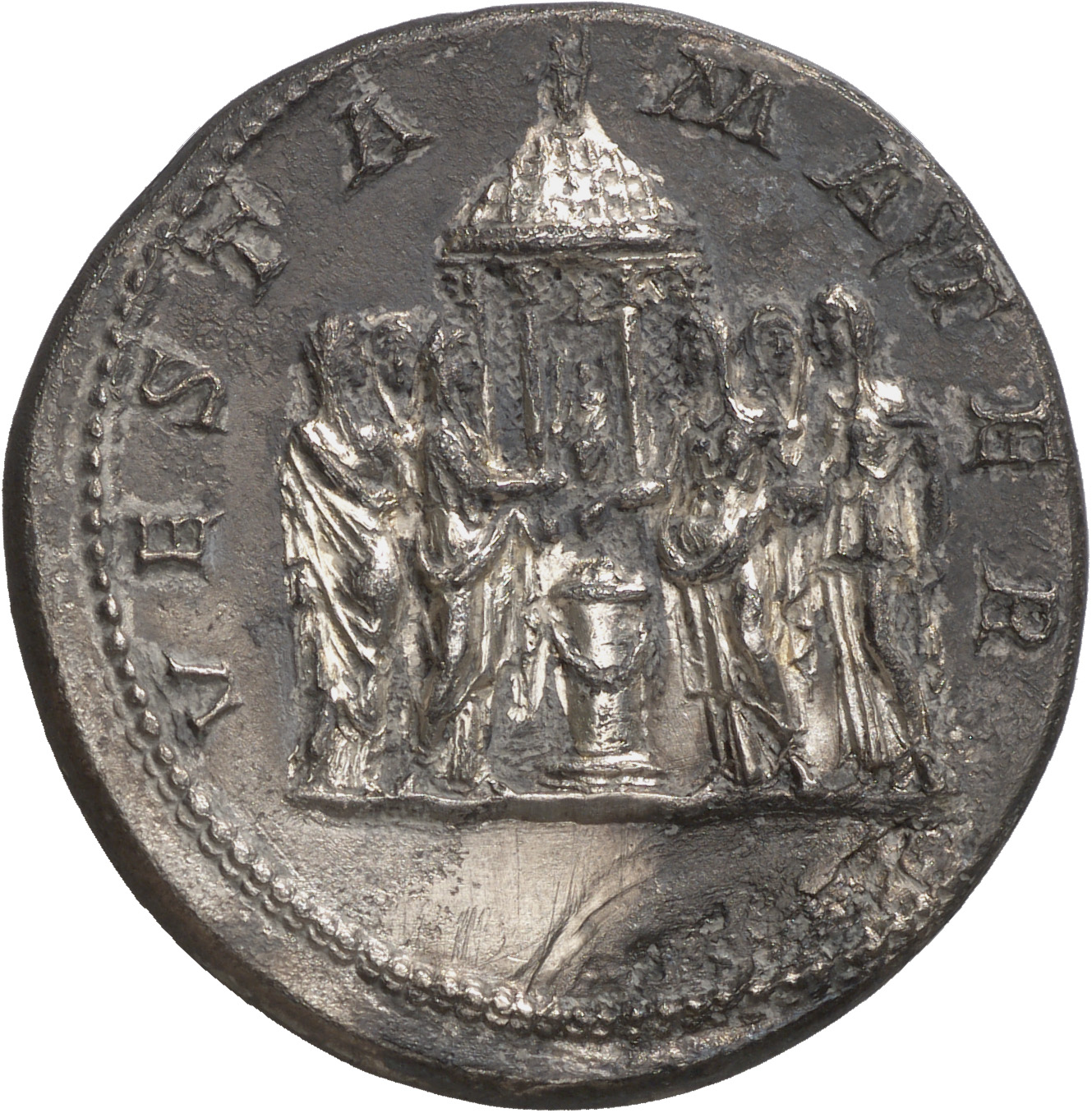 Septimius Severus reverse — Group of six Vestals, three to left and right, sacrificing over altar in front of round temple of Vesta