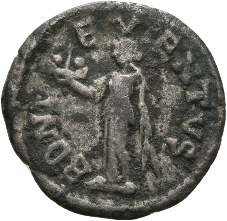 RIC IV Septimius Severus 608 Septimius Severus reverse, Bonus Eventus, draped, standing left, holding up basket of fruit i...