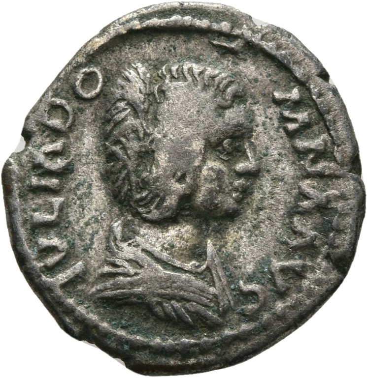 RIC IV Septimius Severus 614 Septimius Severus obverse, Bust of Julia Domna, hair waved and coiled at back, draped, right
