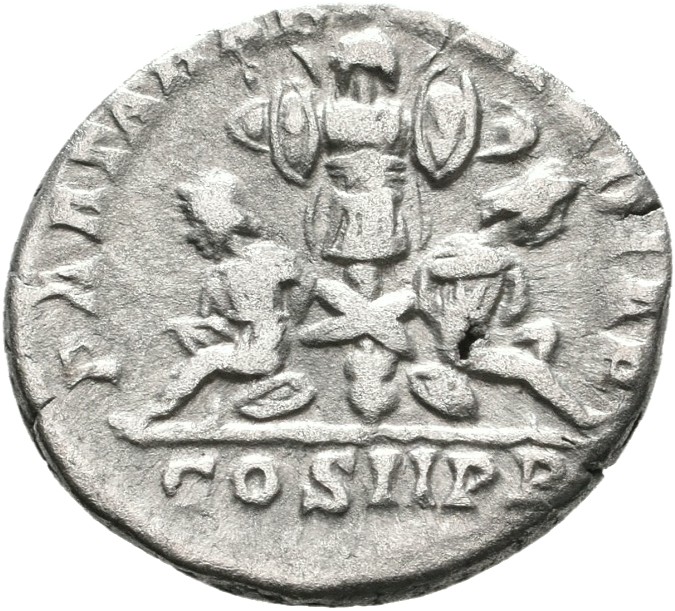 RIC IV Septimius Severus 63 Septimius Severus reverse, Two captives, each wearing pointed cap, draped to ankles and bound,...