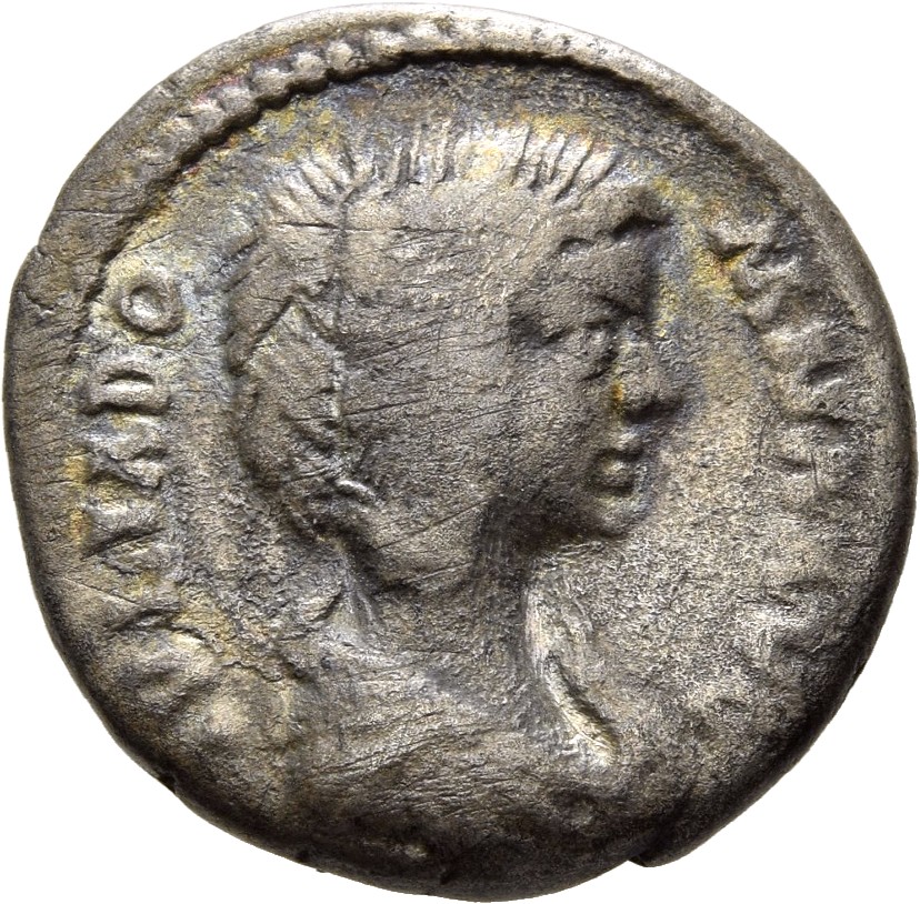 Septimius Severus obverse — Bust of Julia Domna, hair waved and coiled at back, draped, right