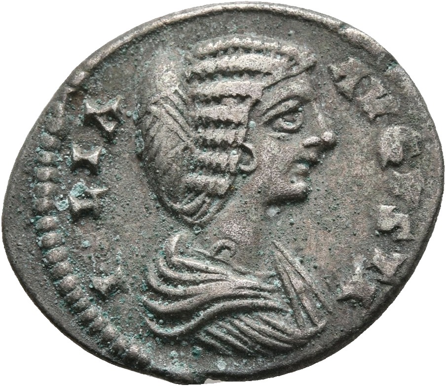 RIC IV Septimius Severus 637 Septimius Severus obverse, Bust of Julia Domna, hair waved and coiled at back, draped, right
